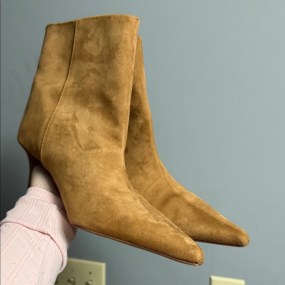 H&M Chic Tan Brown Suede Kitten Heel Pointed Toe Ankle Booties - Picture 2 of 8